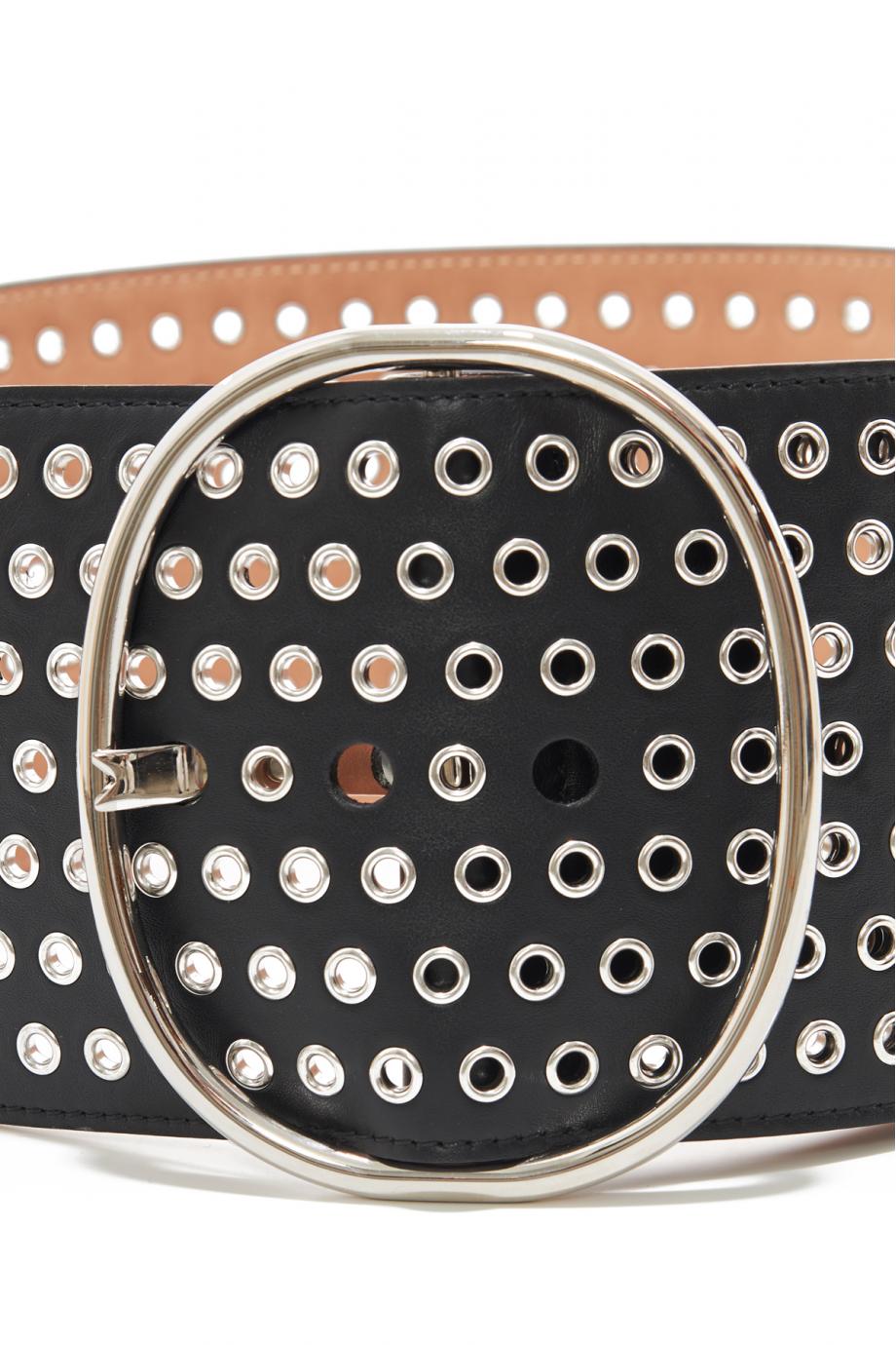 Eyelet embellished oval buckle leather belt 