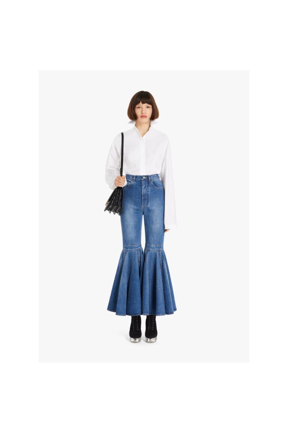 Flared pleated cotton denim jeans 