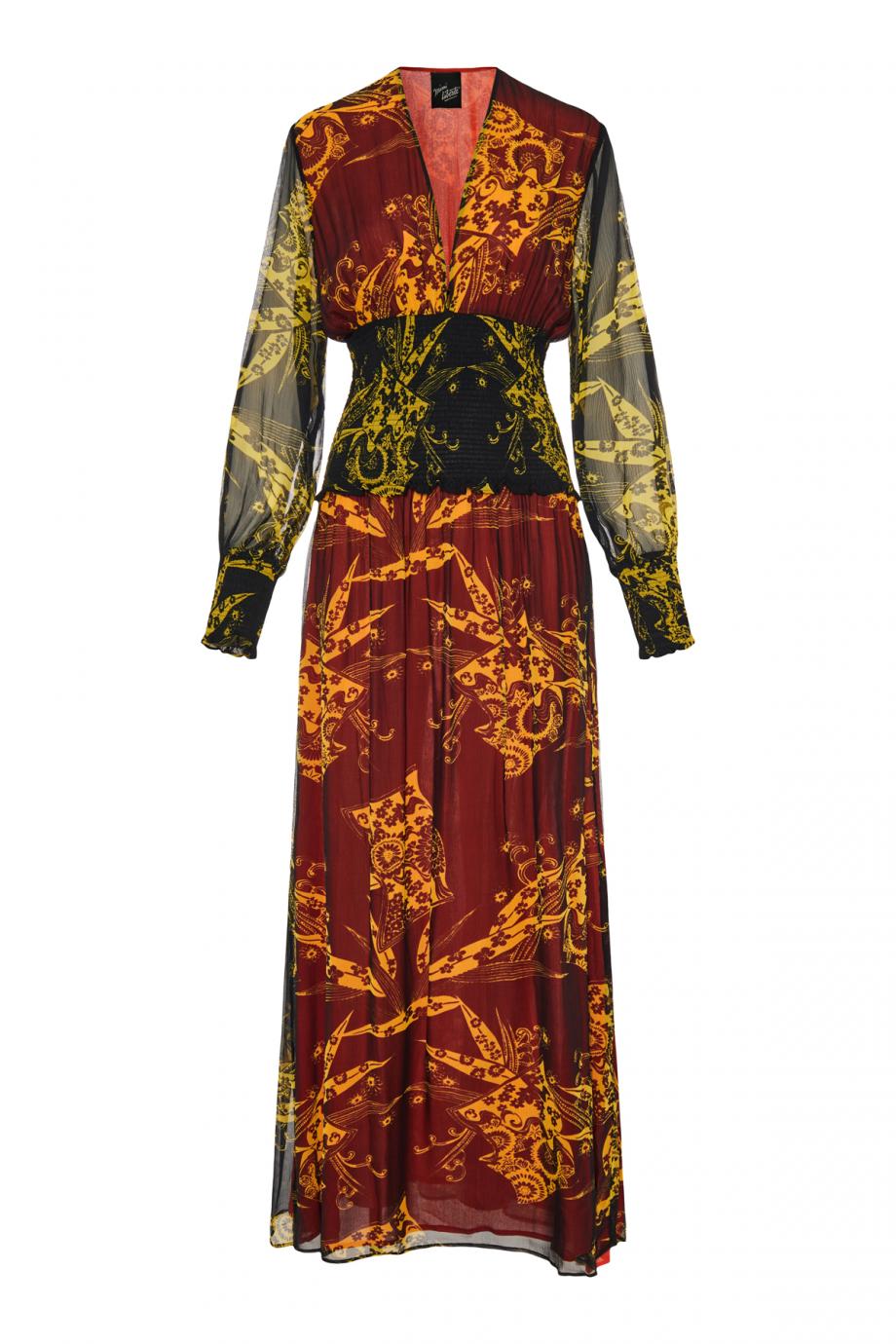 Shirred printed silk-chiffon midi dress