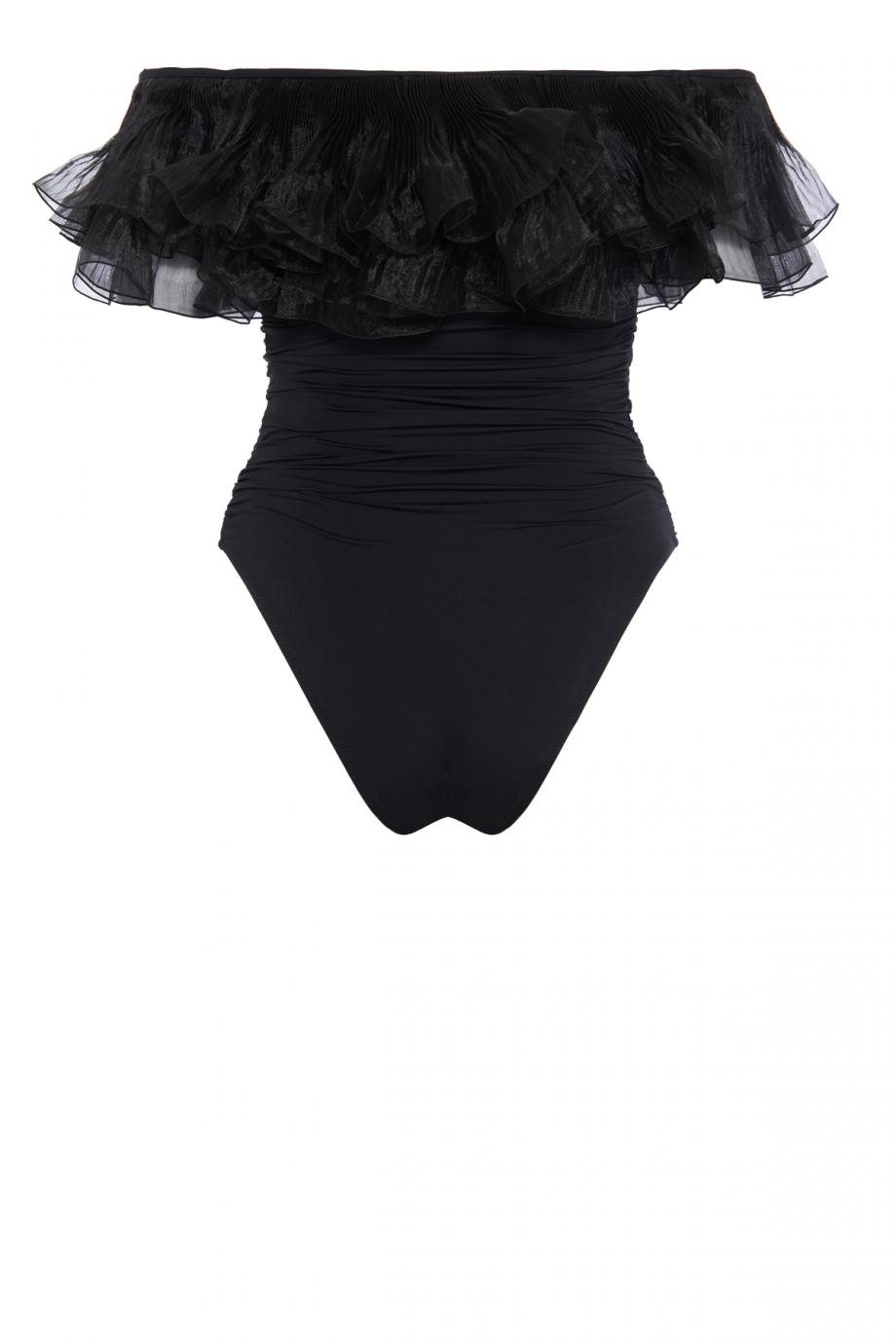 Black one-piece swimsuit with organza neckline