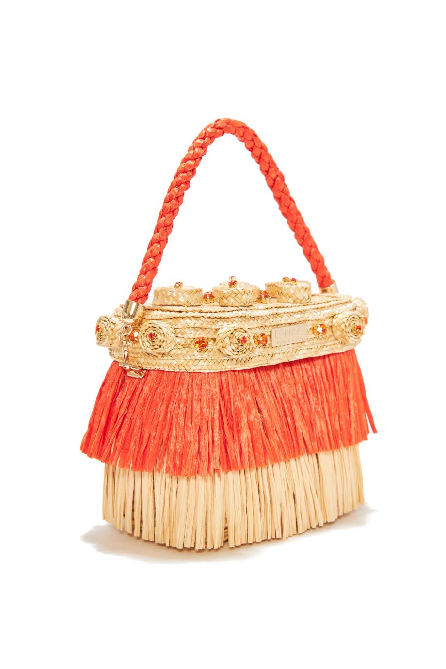 Wheat Crop embellished raffia top handle bag