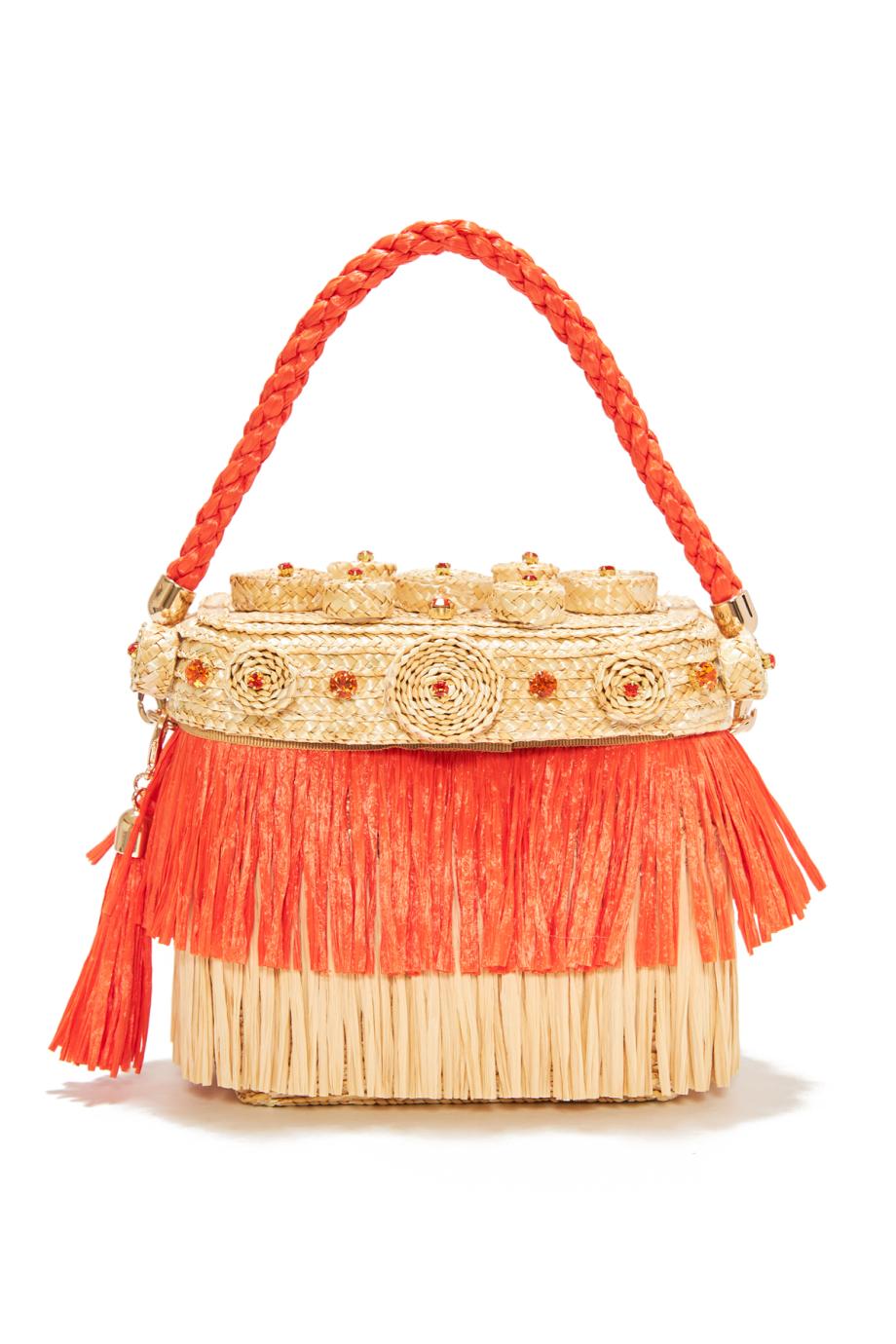 Wheat Crop embellished raffia top handle bag