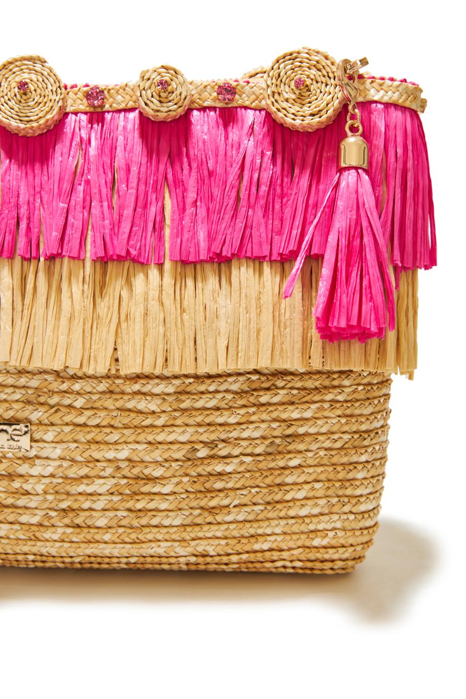 Circle embellished fringed raffia clutch 