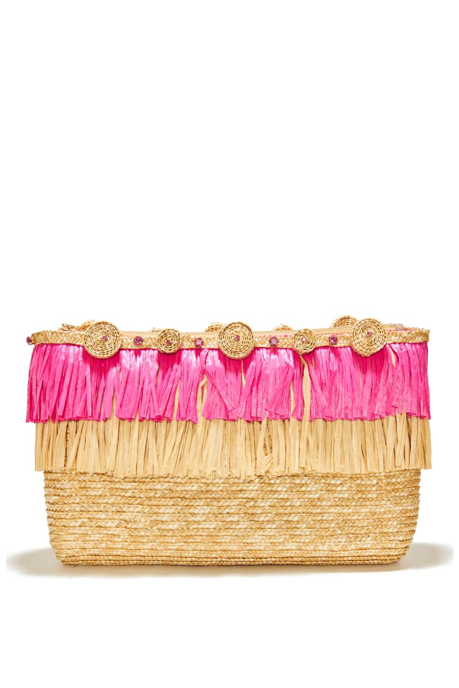 Circle embellished fringed raffia clutch 