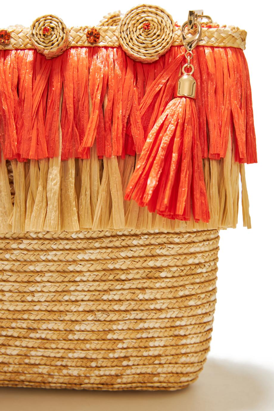 Circle embellished fringed raffia clutch 