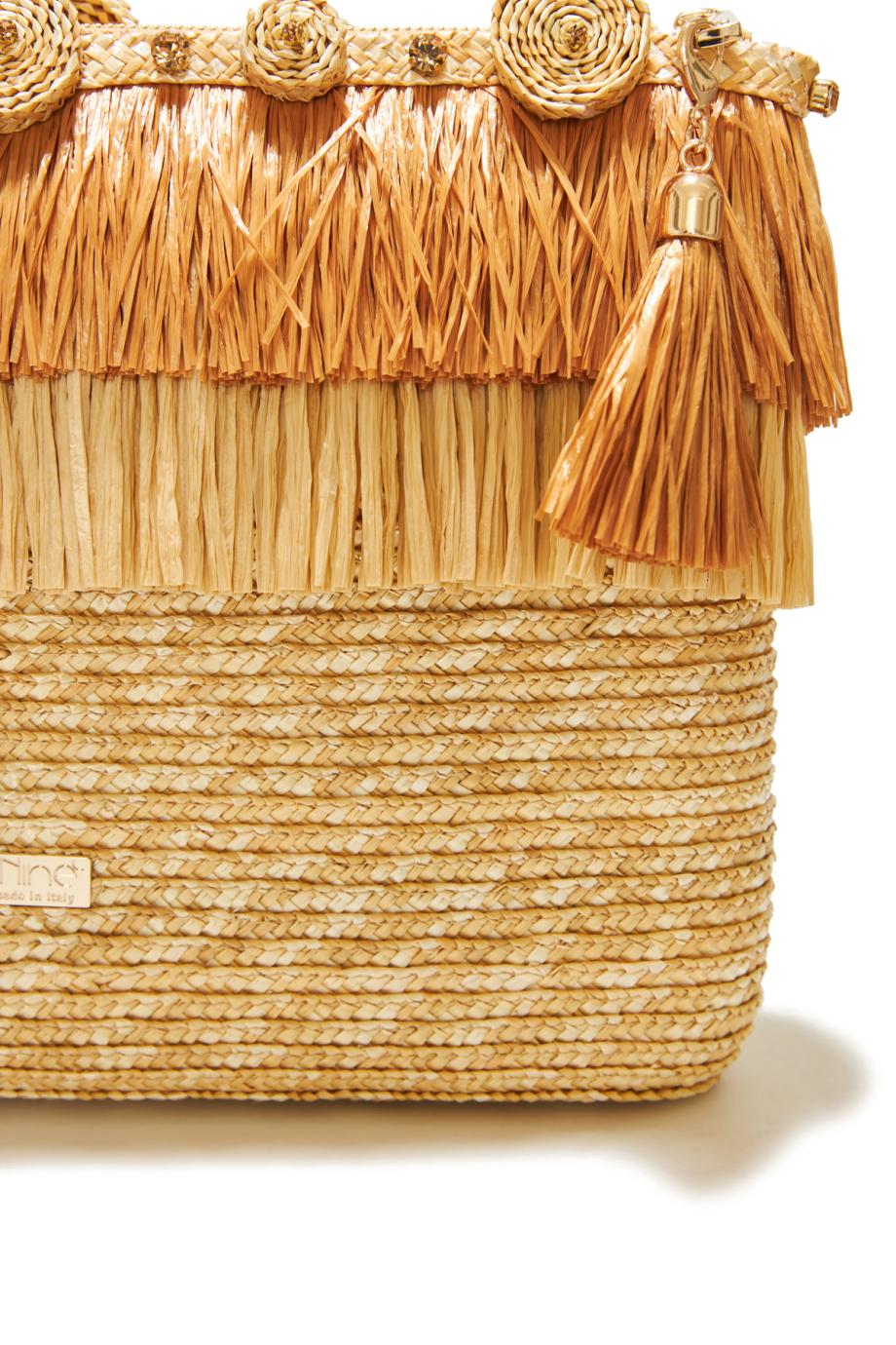 Circle embellished fringed raffia clutch 
