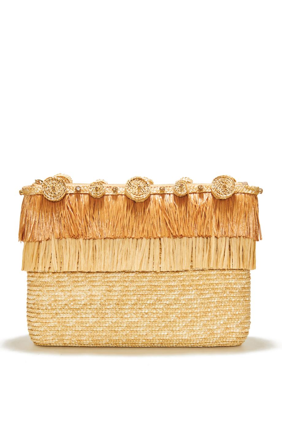Circle embellished fringed raffia clutch 