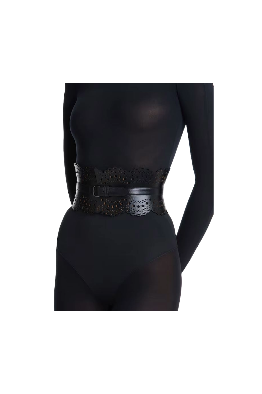 ALAIA Bustier Vienne 120 laser-cut leather belt ALAÏA BLACK BUSTIER 120 VIENNE WAVE GLOSSY CALF | ALAÏA US main image 4