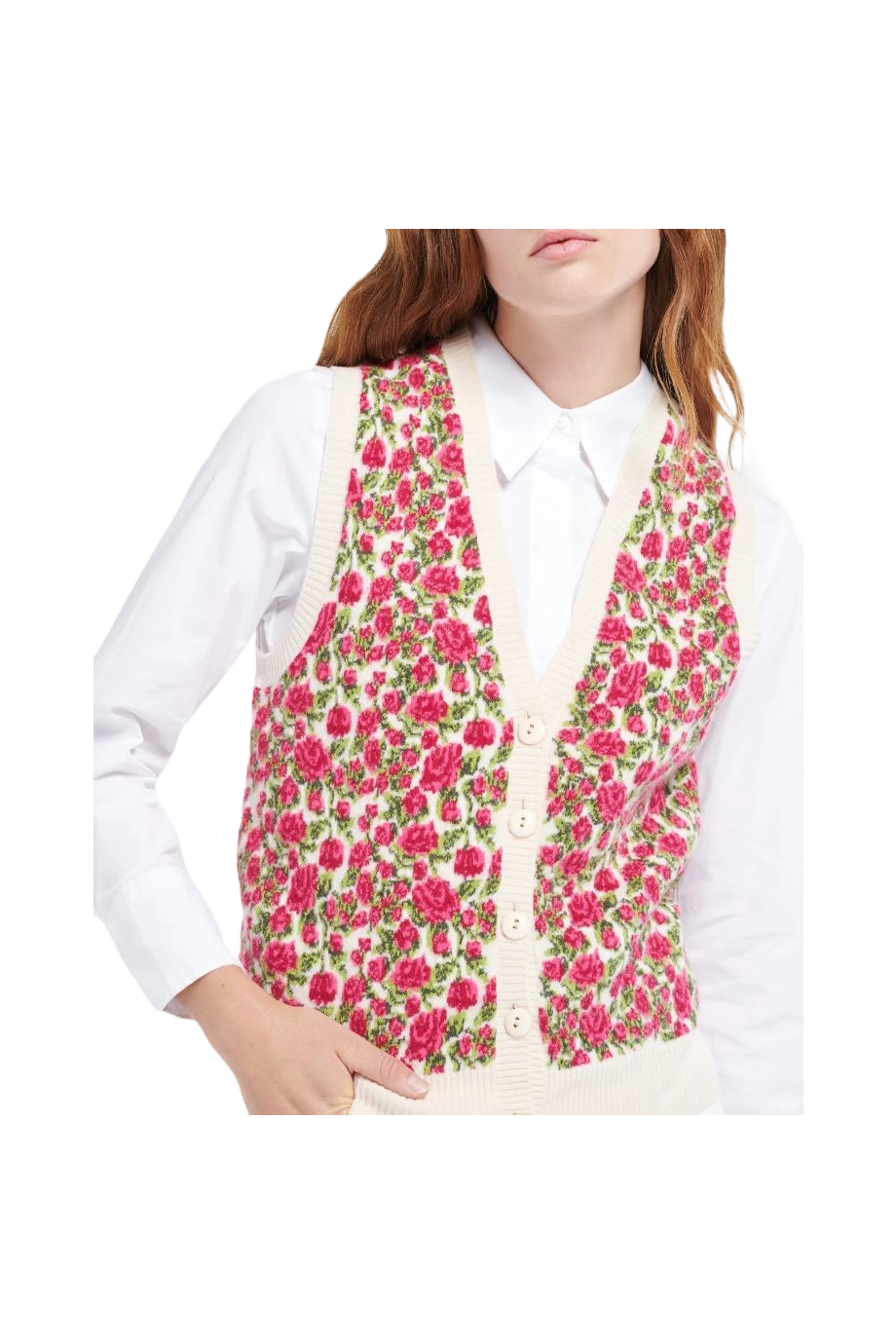 Intarsia cashmere and wool sleeveless cardigan 