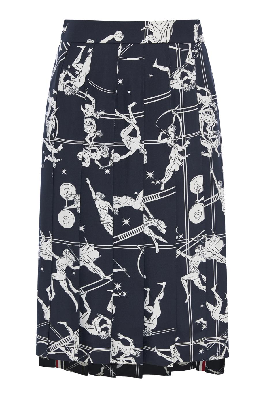 Pleated printed silk midi skirt