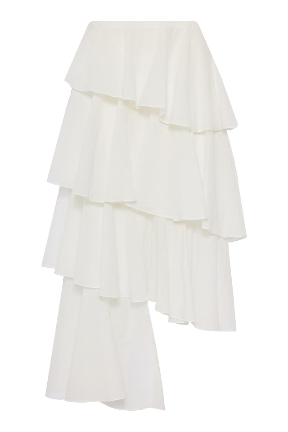 Asymmetric pleated tiered cotton and linen midi skirt