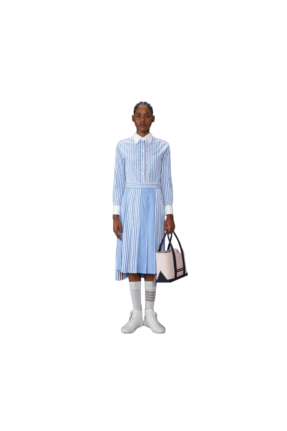 Pleated striped cotton midi skirt