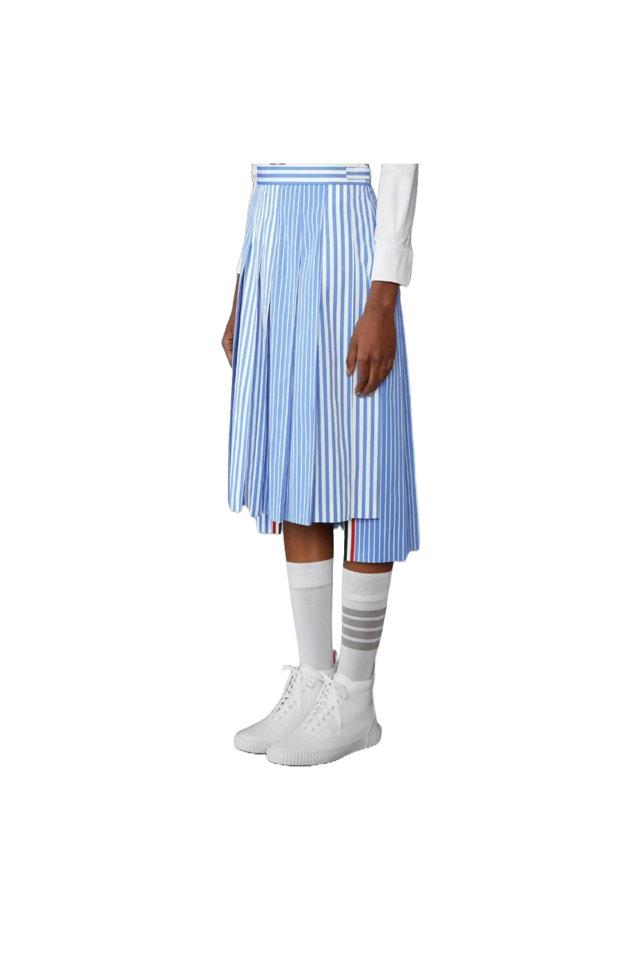 Pleated striped cotton midi skirt