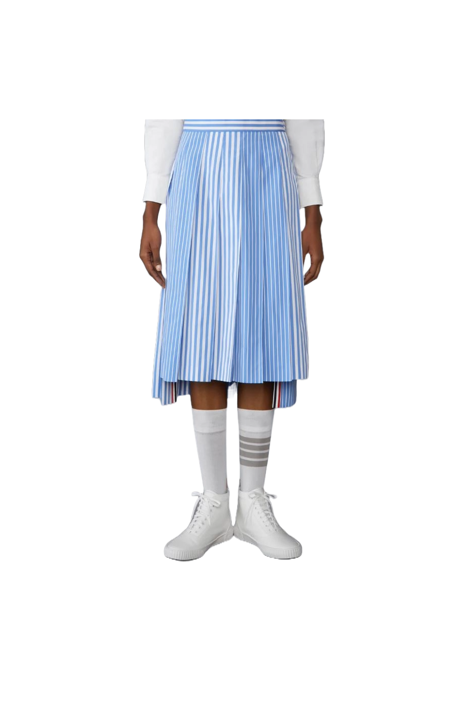 Pleated striped cotton midi skirt