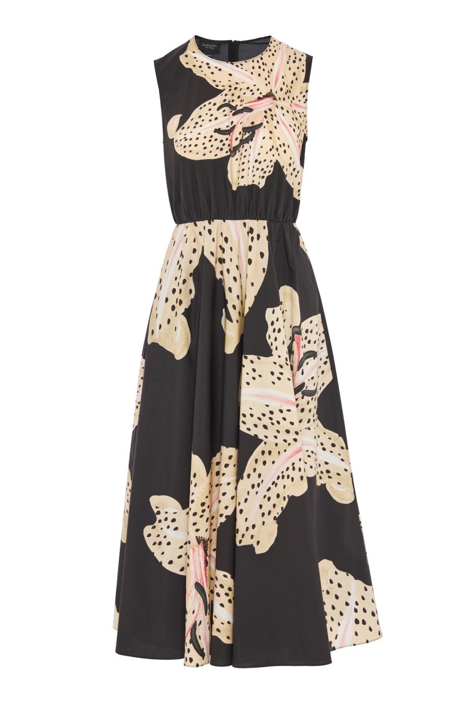 Macro lilies black popeline midi dress