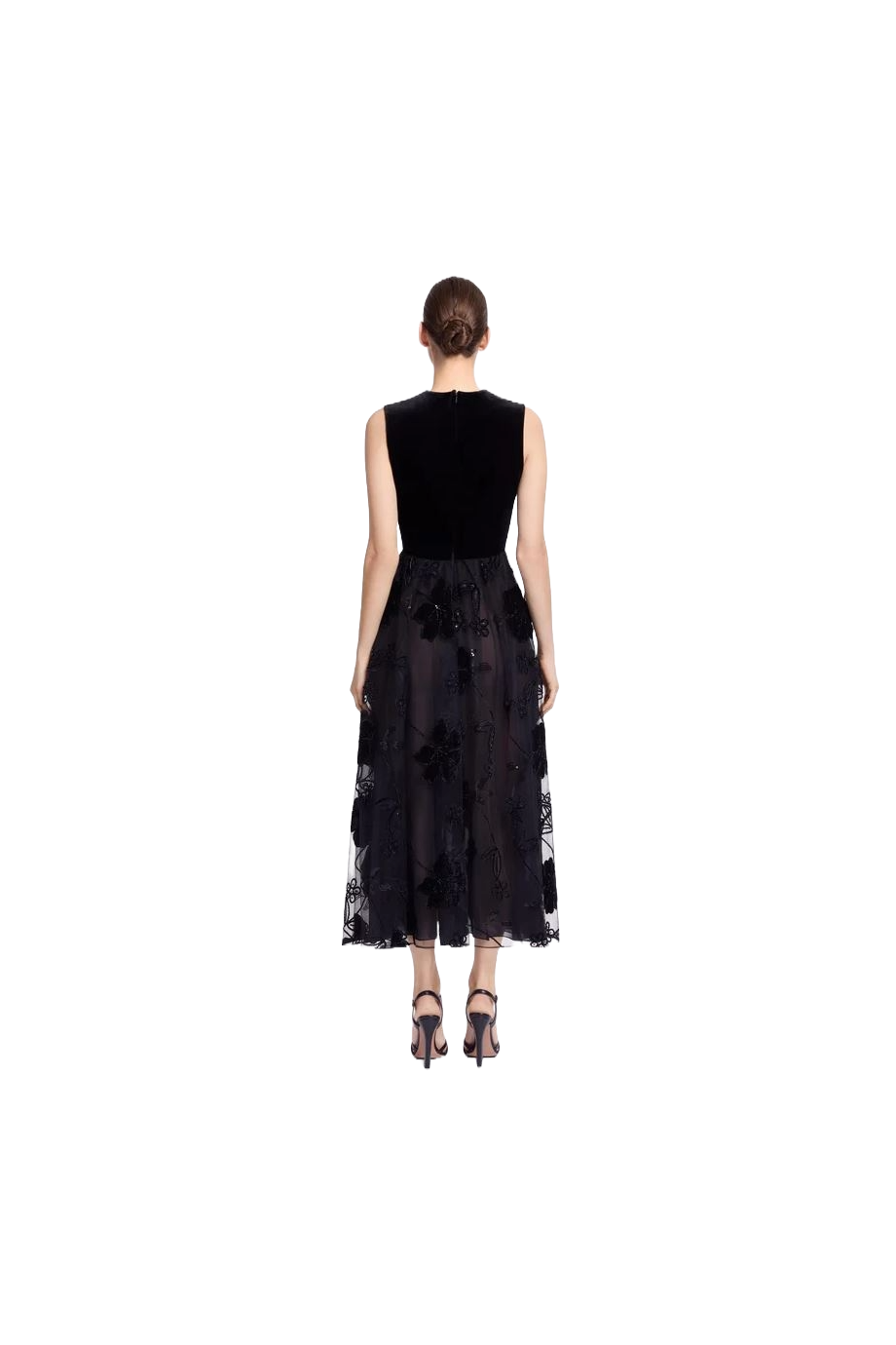 Embroidered velvet and tulle midi dress