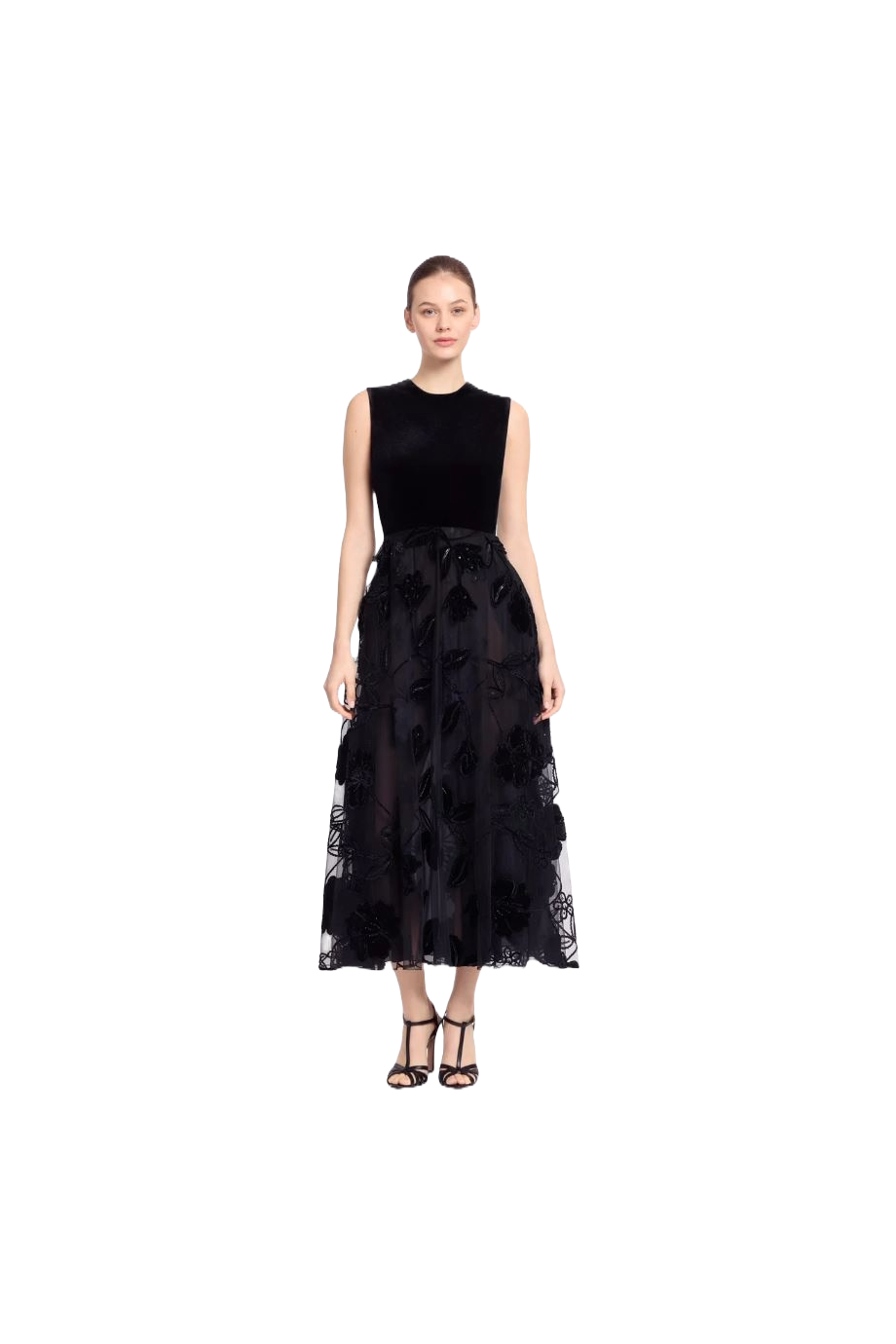Embroidered velvet and tulle midi dress