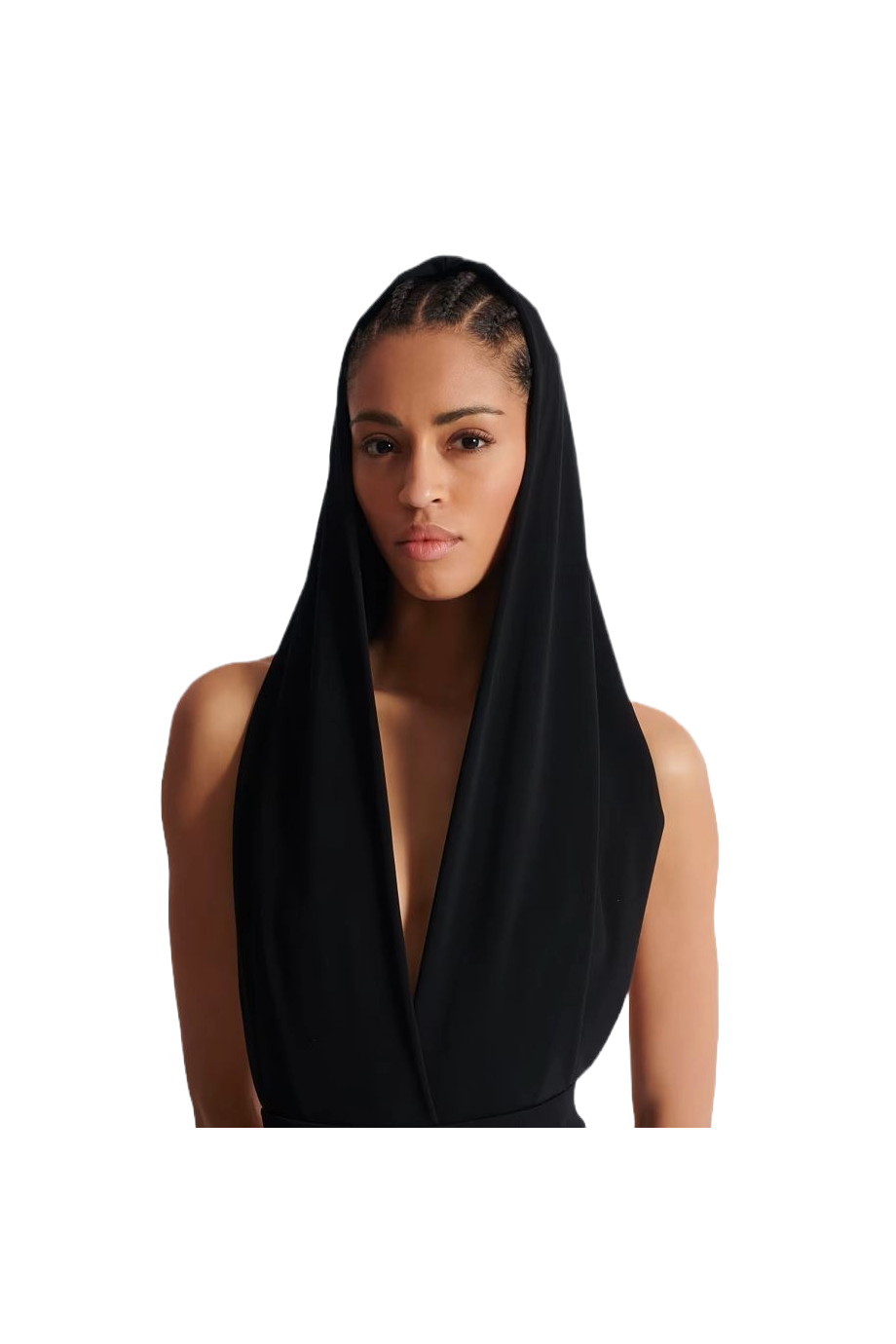 Draped jersey bodysuit with hood