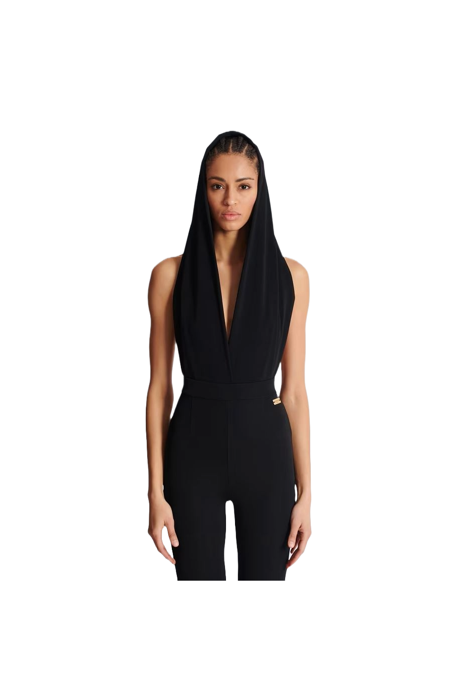 Draped jersey bodysuit with hood