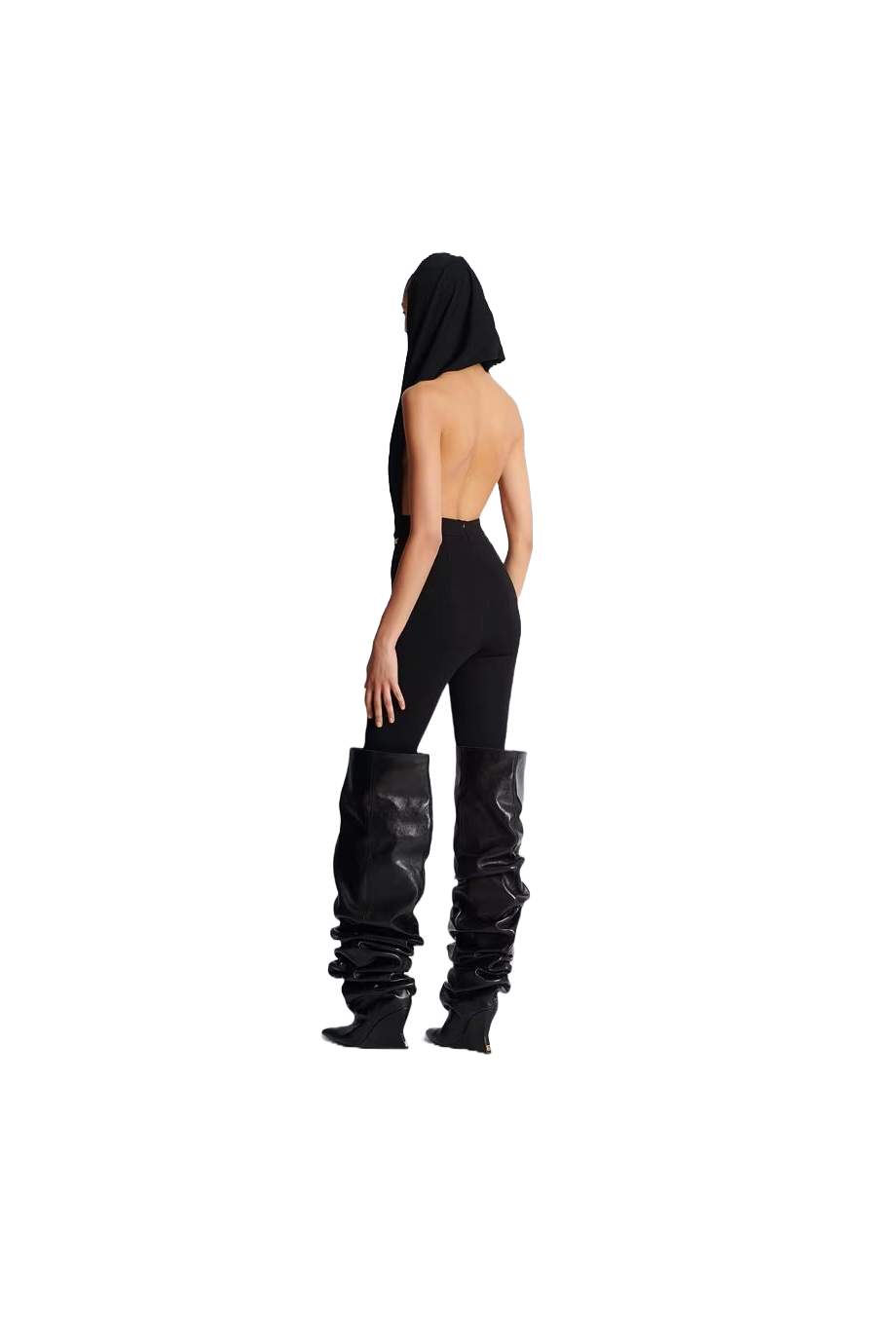 Draped jersey bodysuit with hood