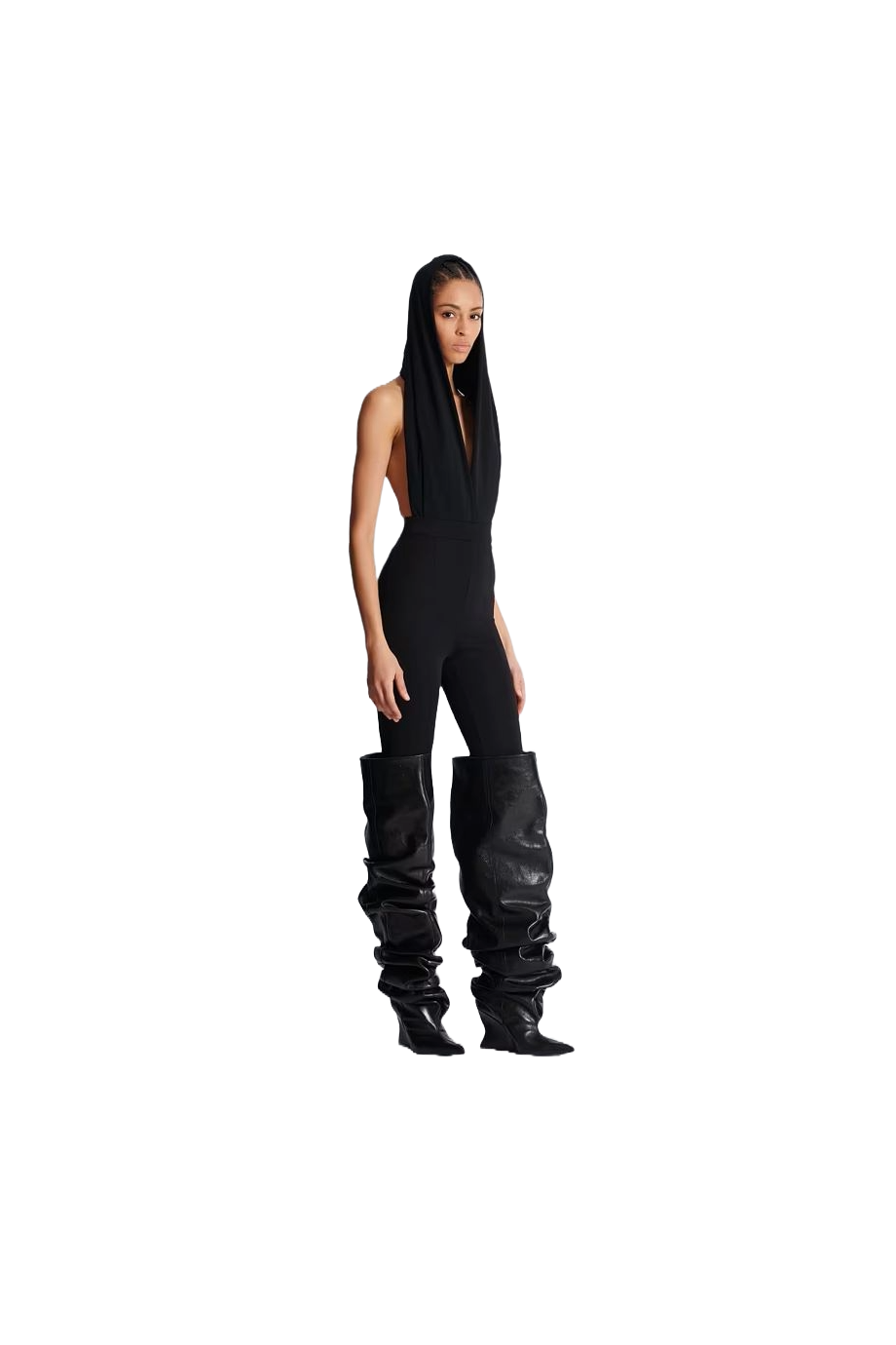 Draped jersey bodysuit with hood