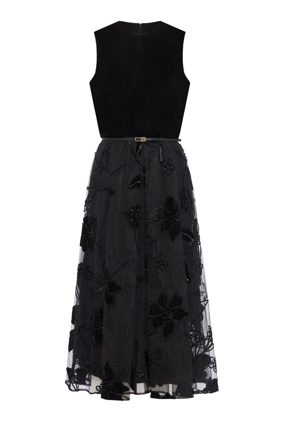 Embroidered velvet and tulle midi dress