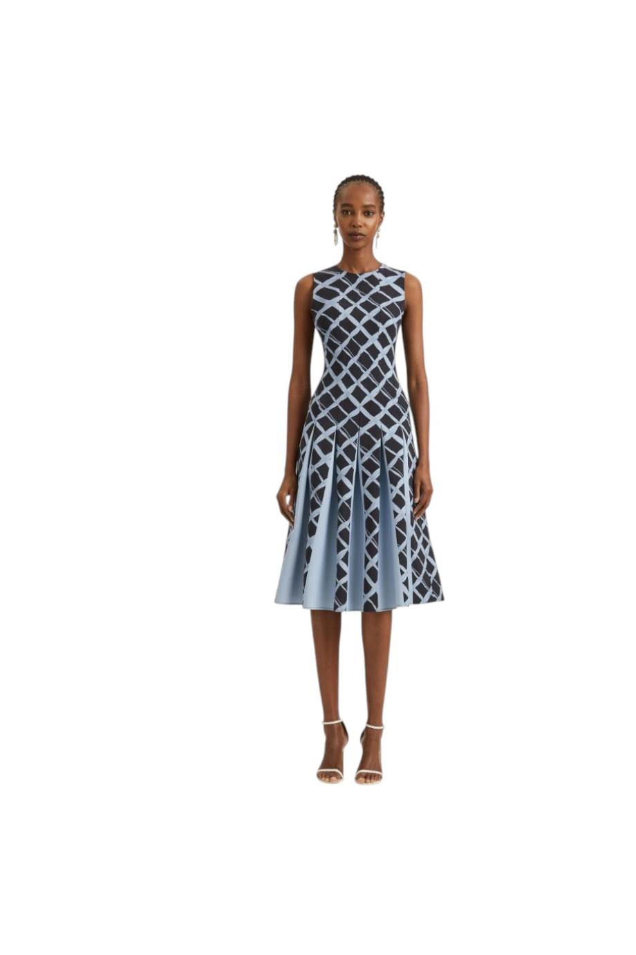 Pleated printed wool midi dress