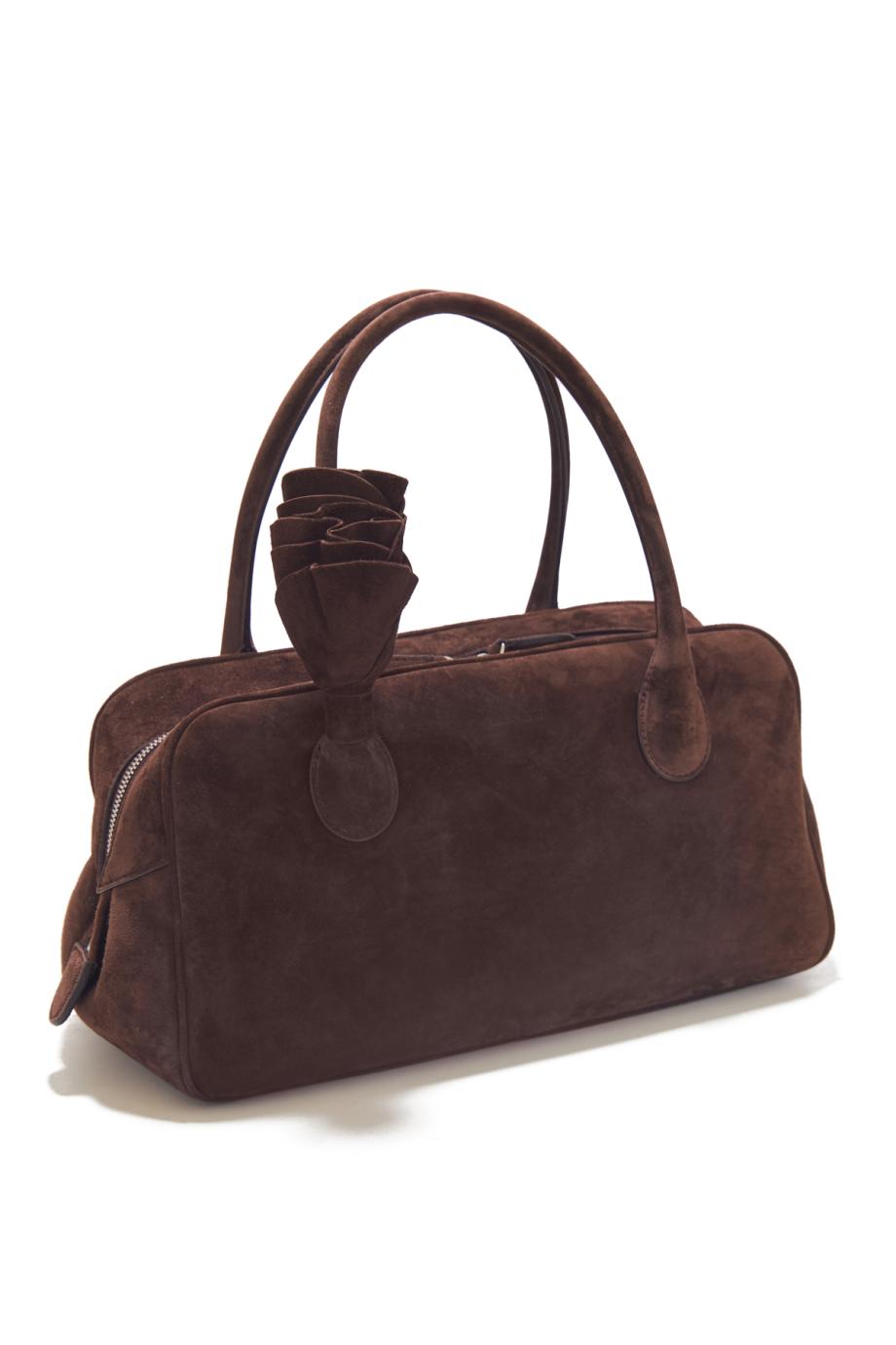 Brigitte top handle bag in brown suede and silver