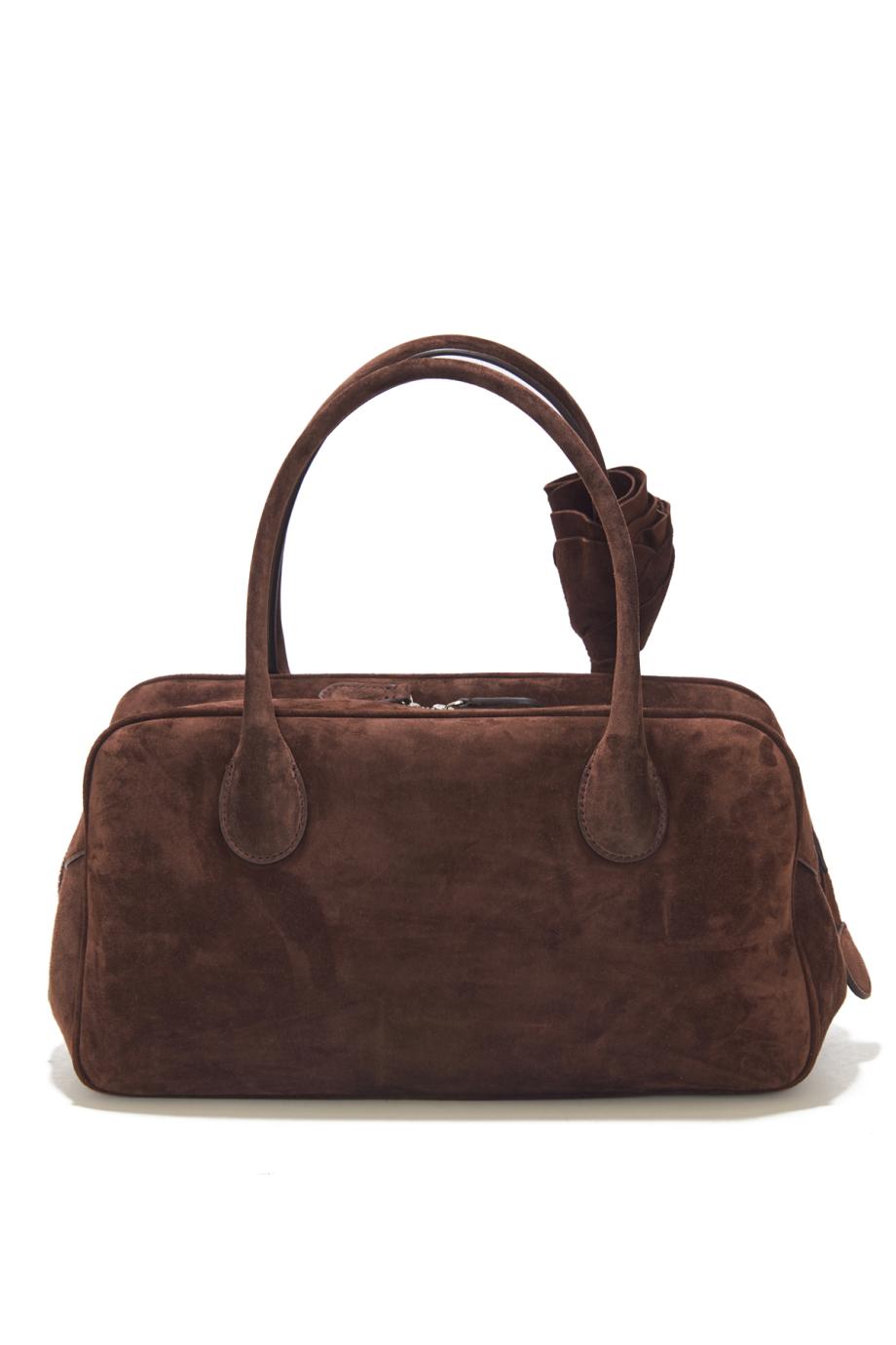 Brigitte top handle bag in brown suede and silver