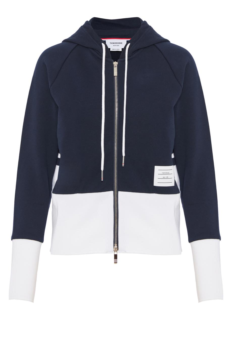 Color-block cotton zipped hooded cardigan