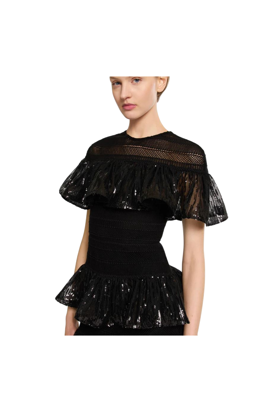 Ruffled macramé and sequined mini dress