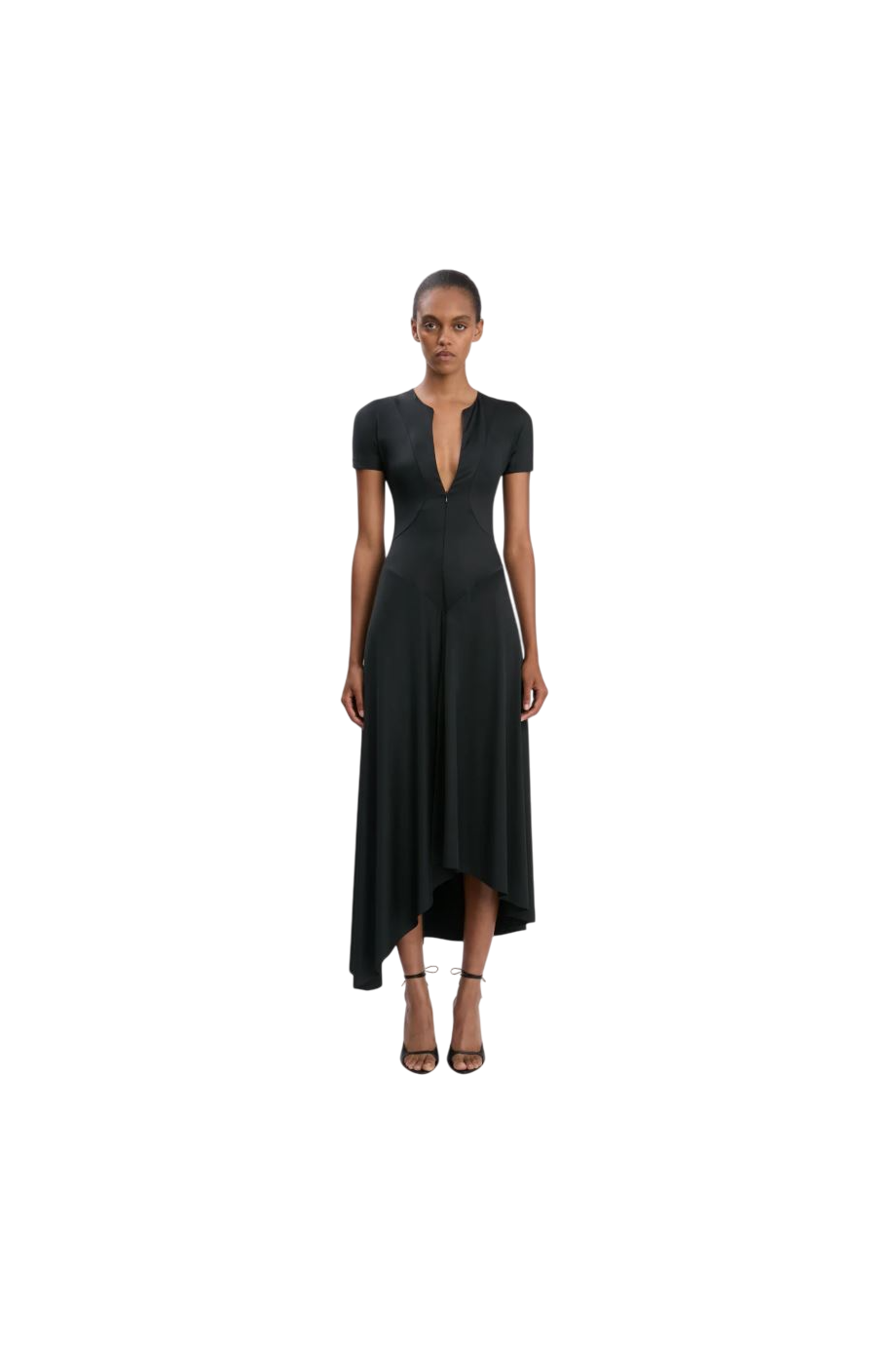 Zipped Front Midi Dress In Black