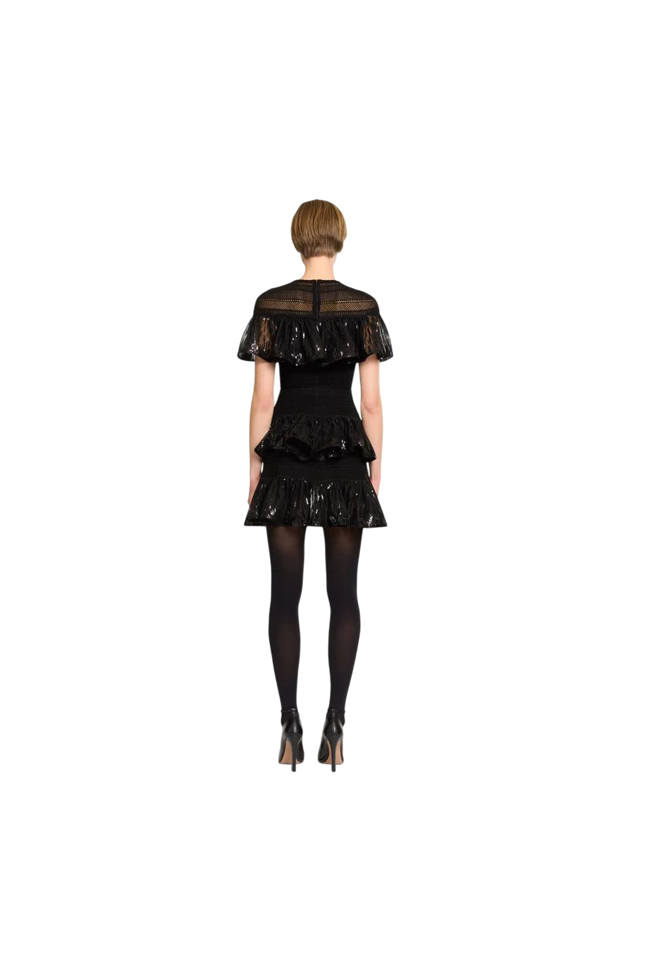 Ruffled macramé and sequined mini dress