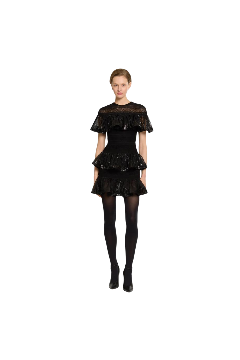 Ruffled macramé and sequined mini dress