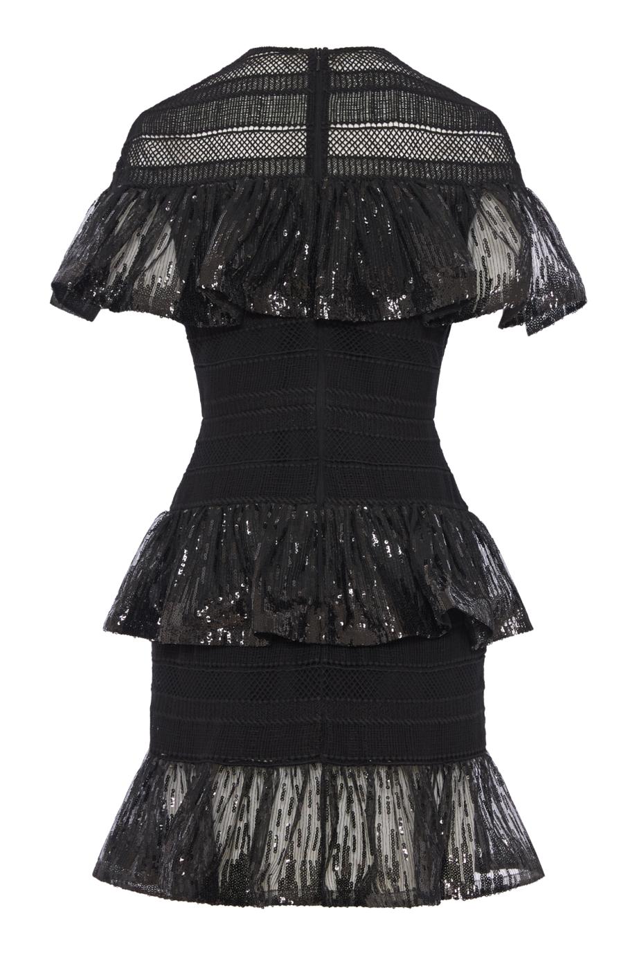 Macramé and sequin ruffled mini dress