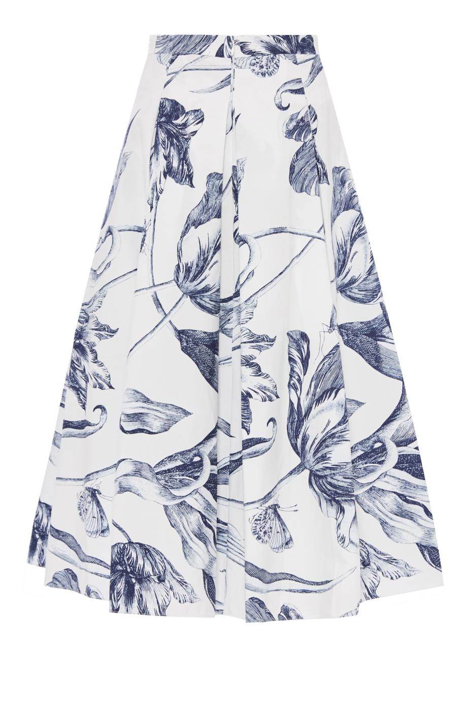 Floral Print Pleated Cotton Midi Skirt
