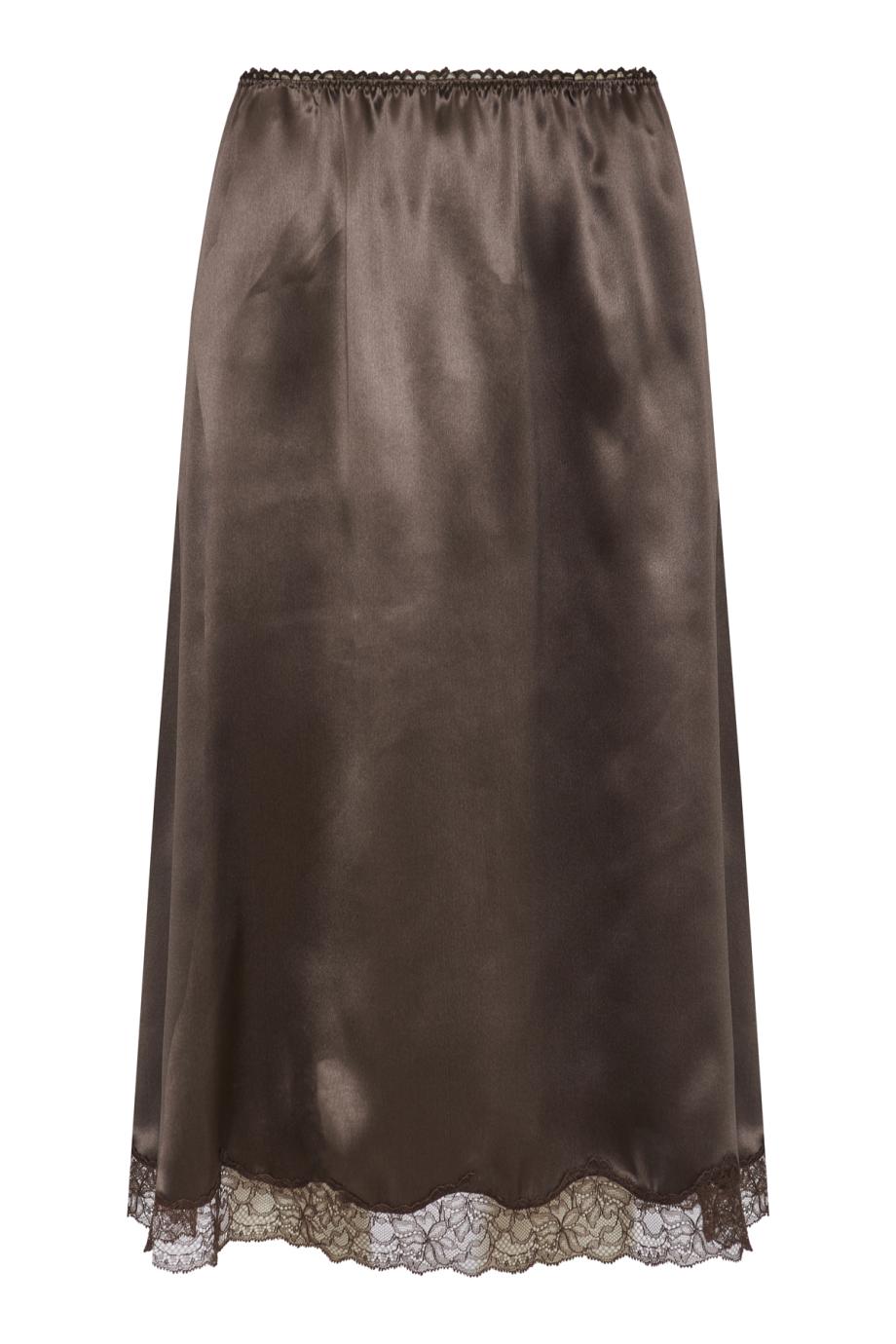 Silk lace-trim slip skirt in brown