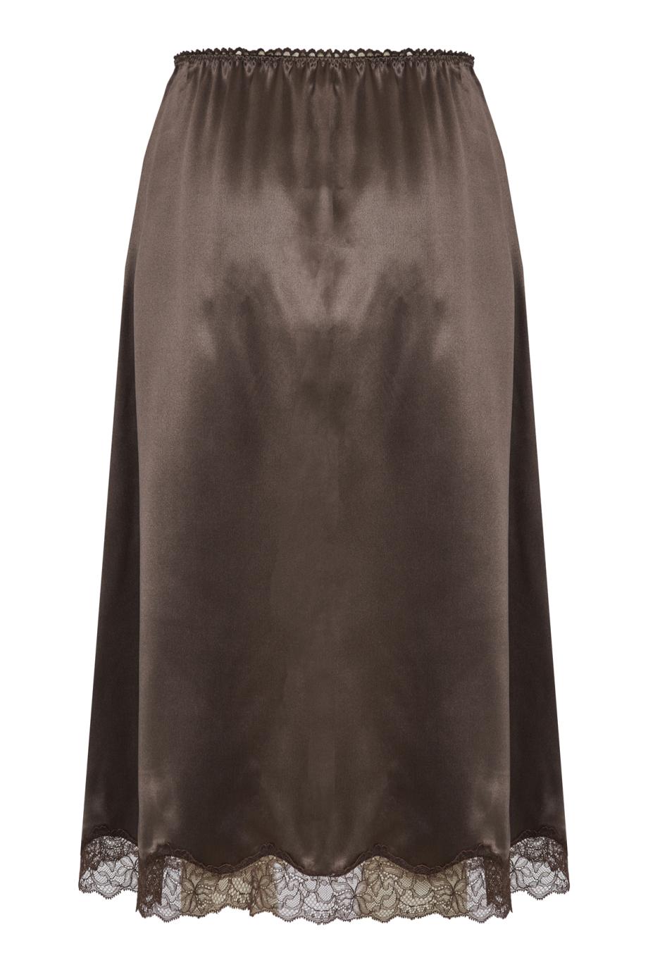 Silk lace-trim slip skirt in brown