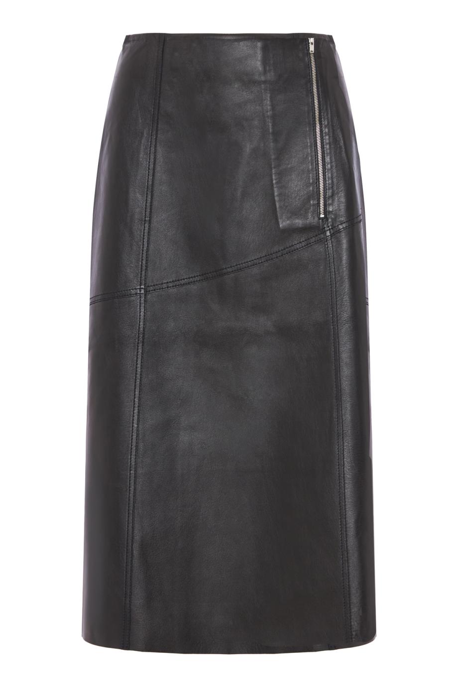 Paneled leather midi skirt