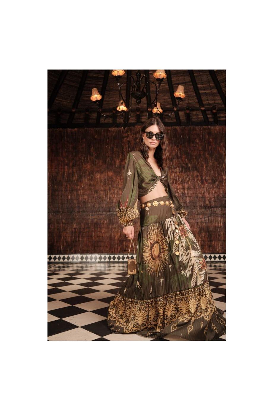 Afterwork printed silk and cotton cropped top in green