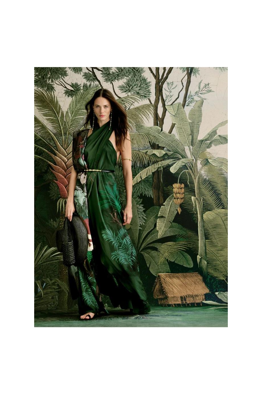 Silent Water printed silk maxi dress in dark green 