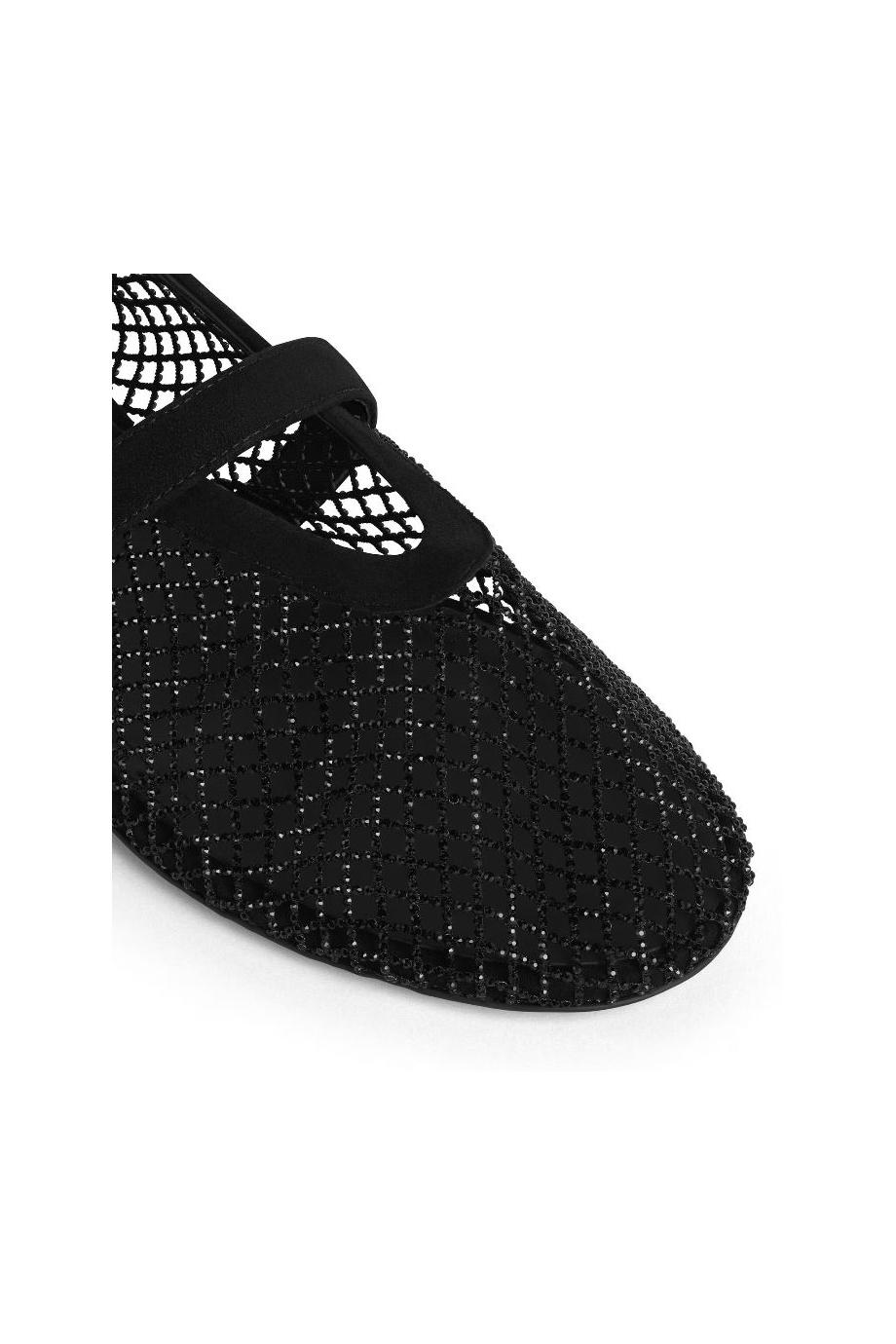 Fishnet embellished suede flats in black