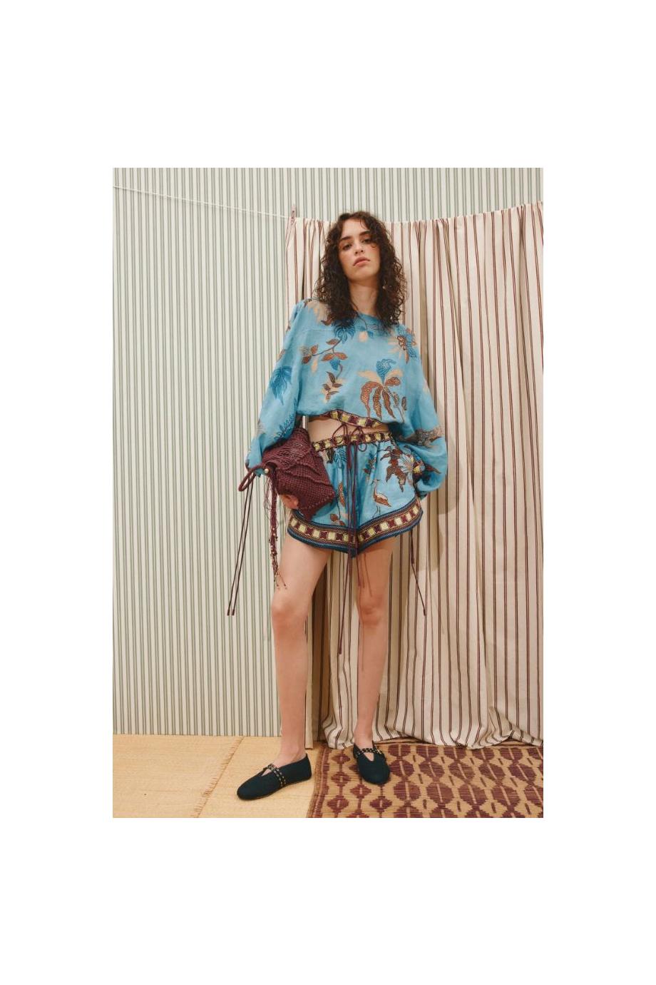 Georgie printed ramie crop top in blue 