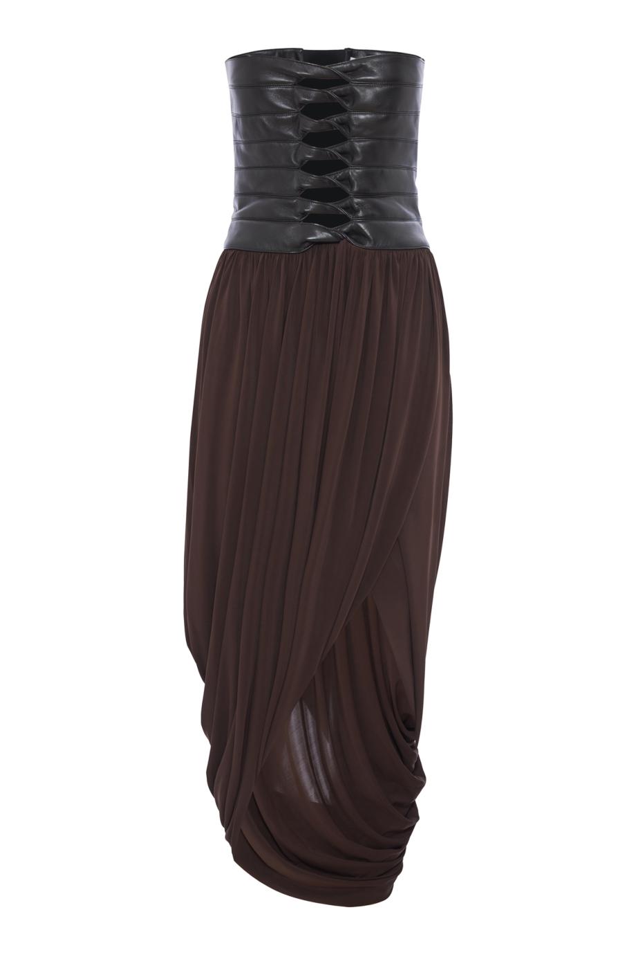 Ruched leather and chiffon bustier midi dress in black 