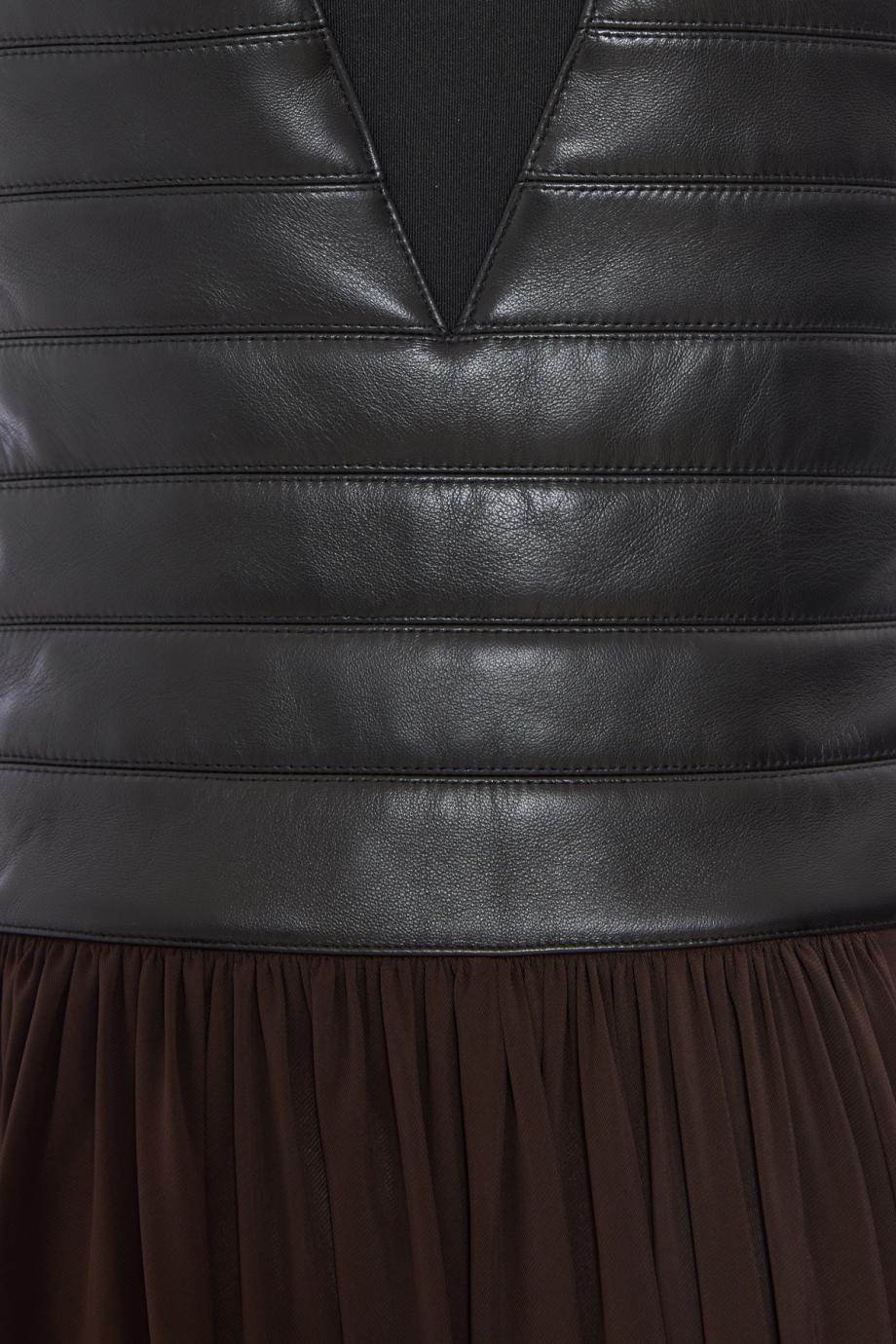 Ruched leather and chiffon bustier midi dress in black 