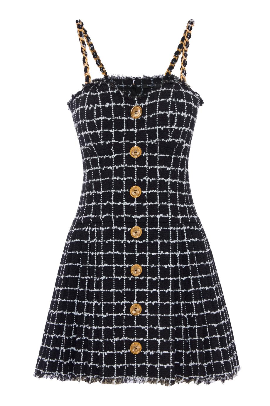 Tweed mini dress with chain straps in black
