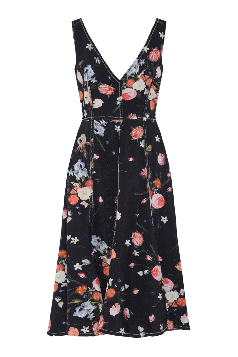 Floral Print Textured Twill Sleeveless Midi Dress in black