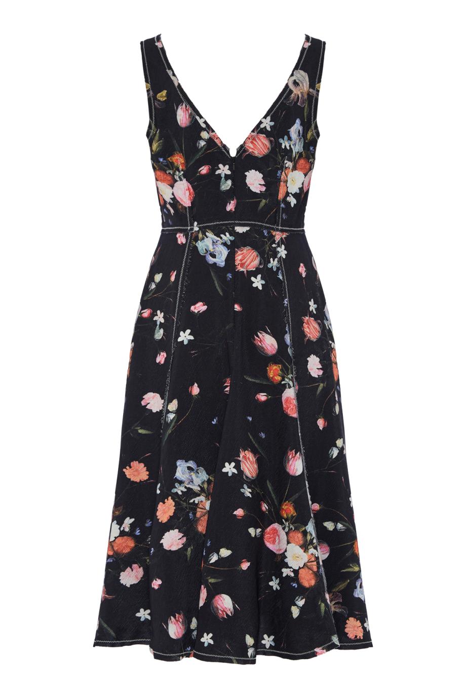 Floral Print Textured Twill Sleeveless Midi Dress in black