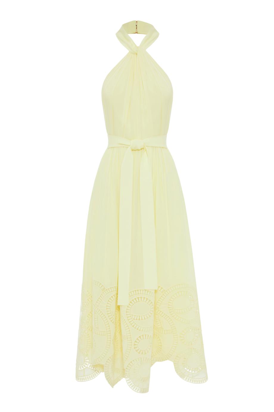 Macrame embroidered silk-blend midi dress in butter yellow