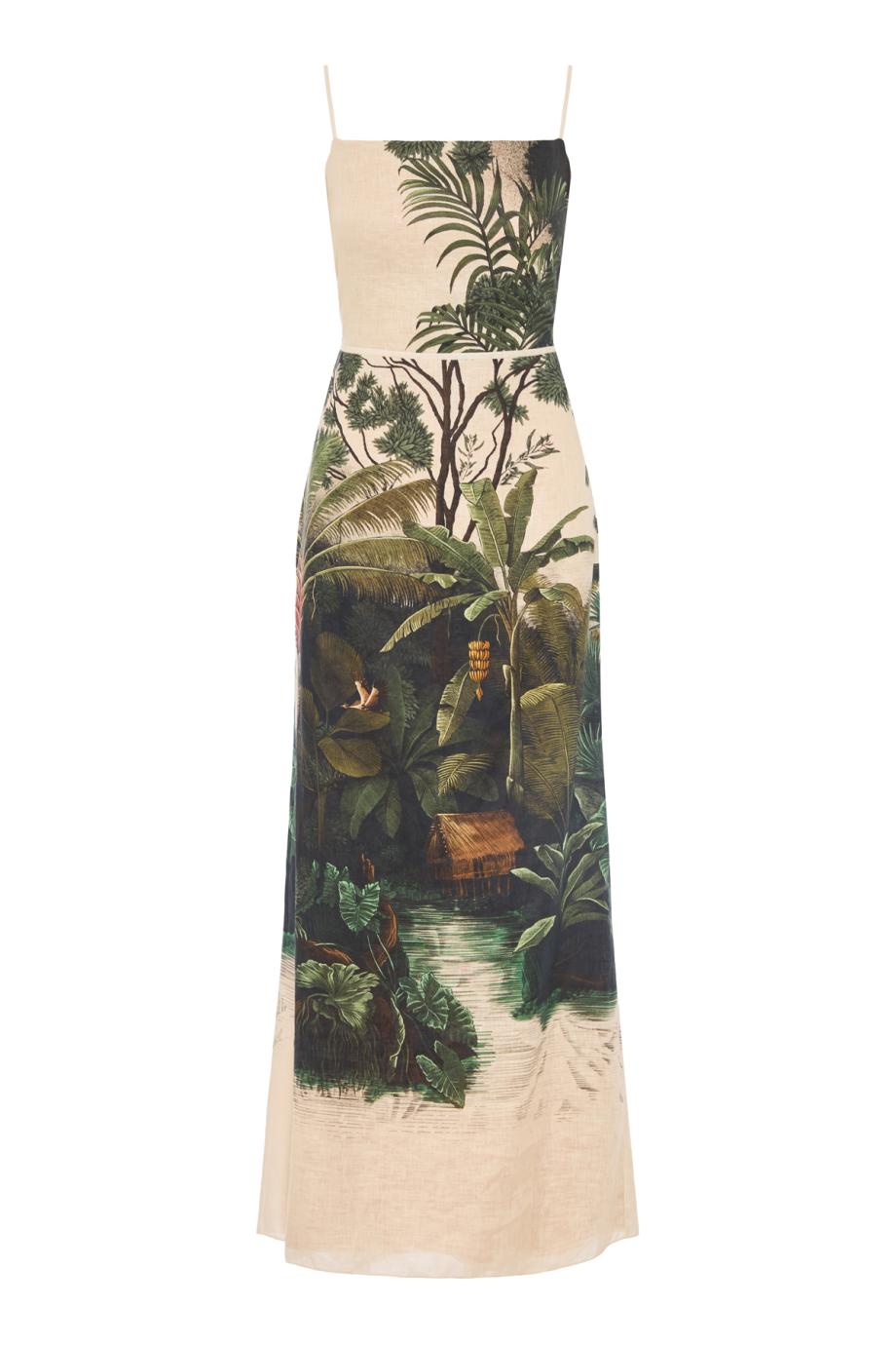 Andean mythology printed linen maxi dress in green